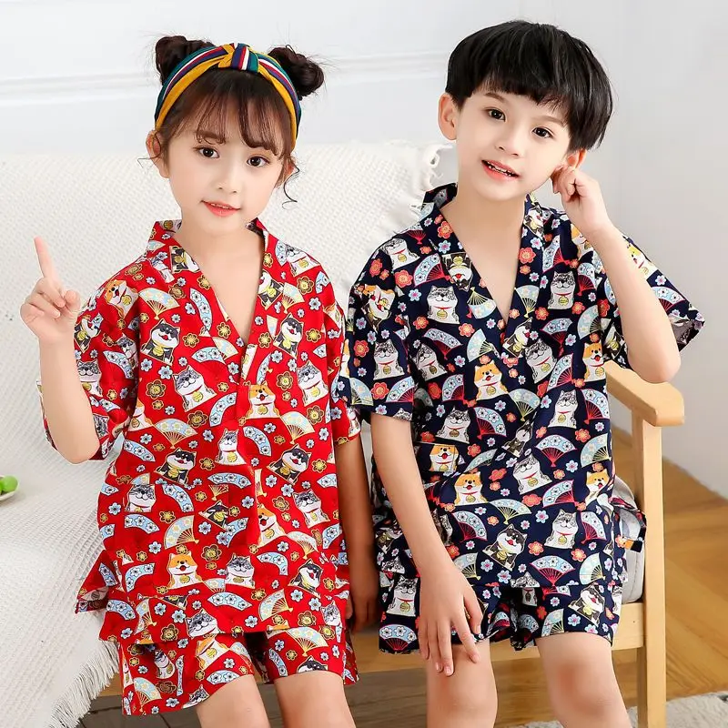 

Детский хлопковый детский купальный костюм для мальчиков и девочек, японское кимоно, пижамы, детская одежда для сна с короткими рукавами и простым принтом LC975