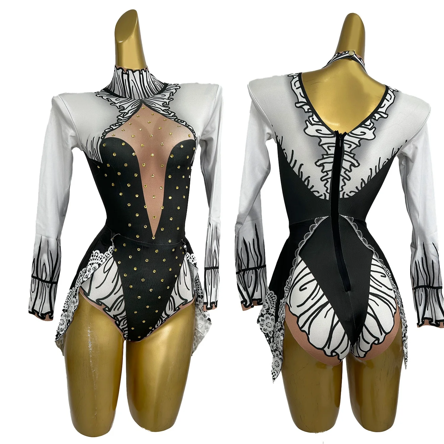 Hot Girls Bar Club Spandex Elastic Bodysuit Sexy Women Print Dance Stage Performance Party Event Outfit Cat Suit Show Catsuit
