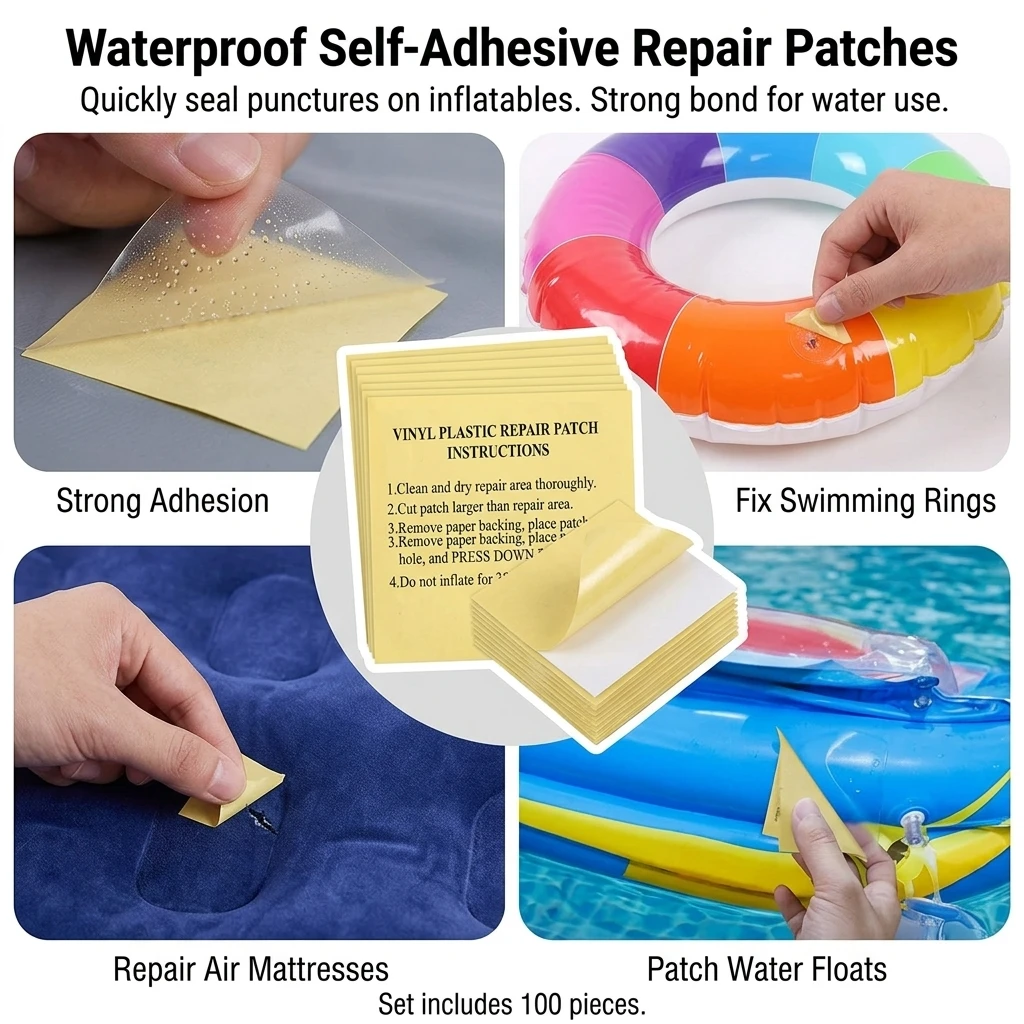 Inflatable Toy Repair Patches Waterproof Swimming Pool Ring Fix Kit 100pcs Self Adhesive PVC Patch for Water Toys Durable