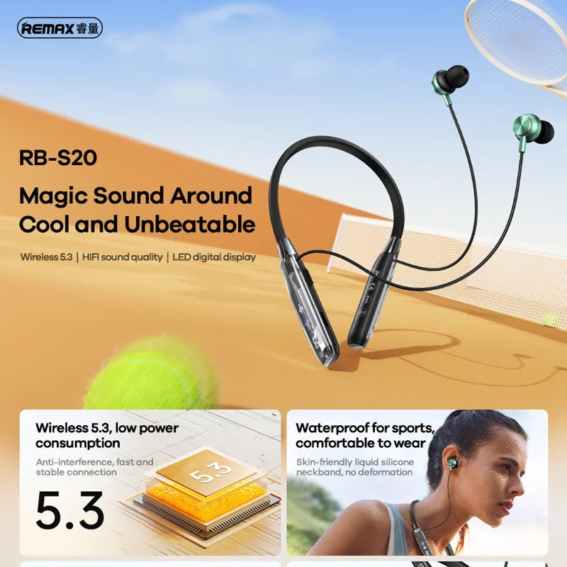 Remax Transparent Wireless Neckband Sports Earphone for Music & Call Bluetooth 5.3 Support TF-card LED Digital Display Hifi