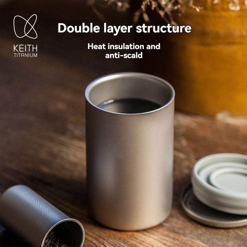 Titanium double-layer pure titanium office water cup outdoor portable multi-functional tea brewing device