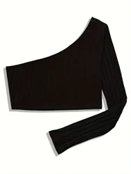 Elegant One-Shoulder Crop Top for Women - Versatile High Stretch Long Sleeve Solid Color Easy-Care