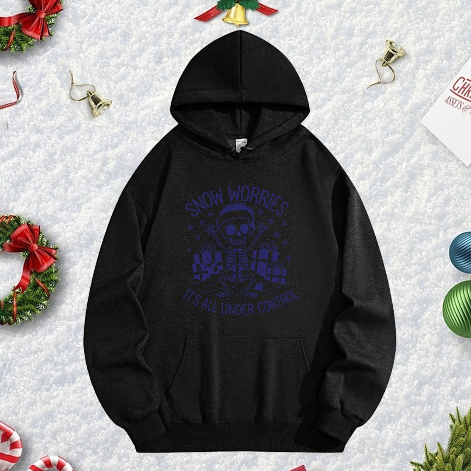 

Черная толстовка с капюшоном Snow Worries 270 г для мужчин и женщин, уютный флисовый пуловер большого размера на осень/зиму, Рождество, Новый год
