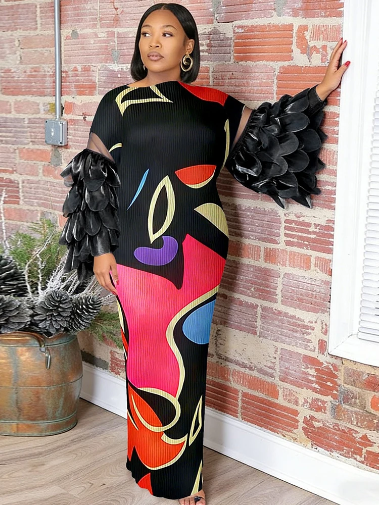 Plus Size Dresses Fashionable Women Abstract Print Long Maxi Dress Elegant Flared Feather Sleeve Flowy Summer Dress view 5