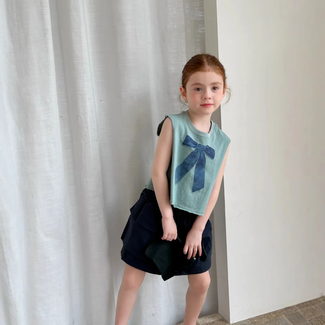 

Girls Blouse 2025 Summer New Childrens Clothes Korean Style Girls Baby Bow Fashion Sleeveless Vest Casual Simple Daily