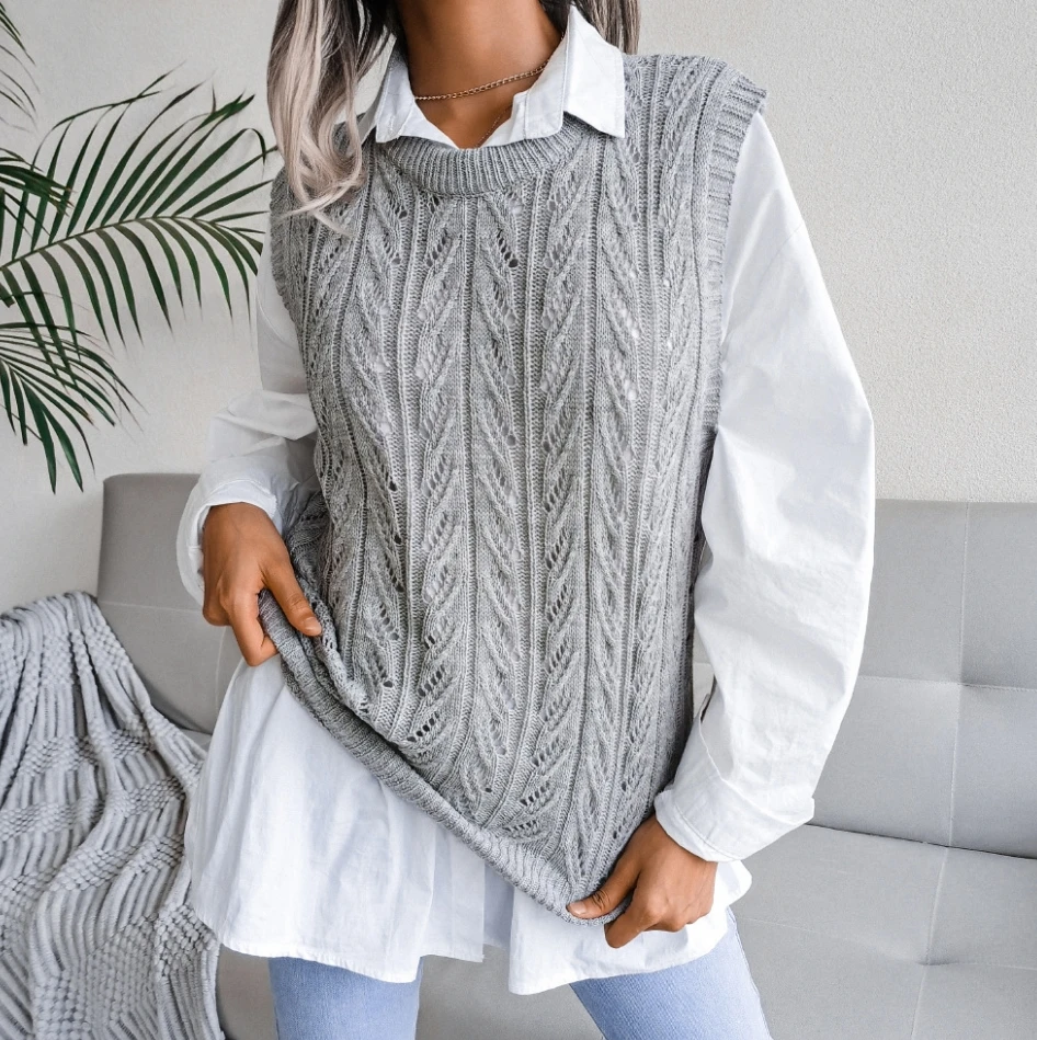 

Round Neck Hollowed Out Casual Knitted Vest Sweater for Women Sweater Women Trends 2025 Pullover Women