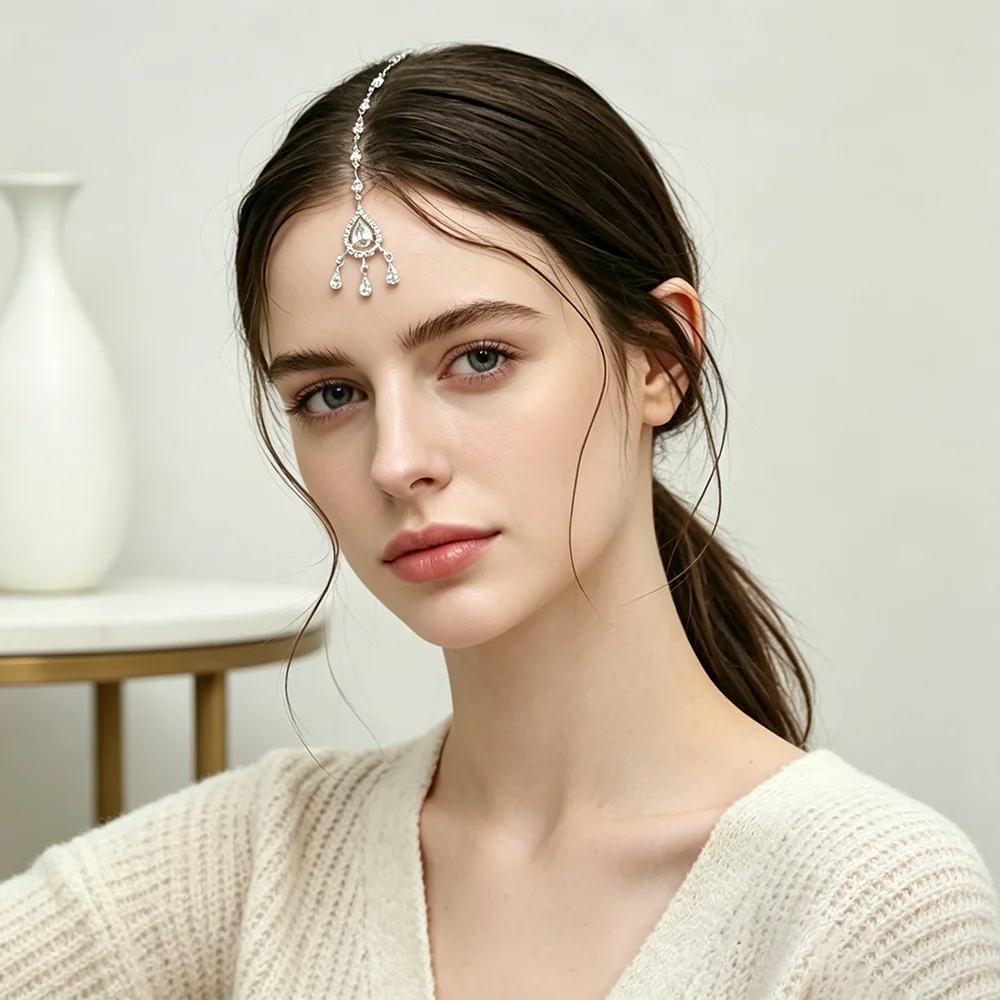 Bridal Forehead Head Chain Maang Tikka,Rhinestone Teardrop Crystal Dangle Tassel,Water Drop Pendant Long Chain,Adjustable Hook