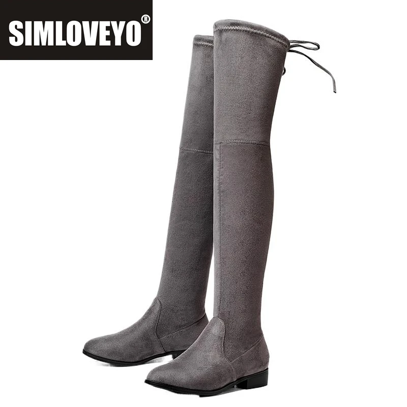 SIMLOVEYO Spring Autumn shoes Women boots Lace up Flat Long Boots  boots Pointed  toe Flock Over The Knee A875