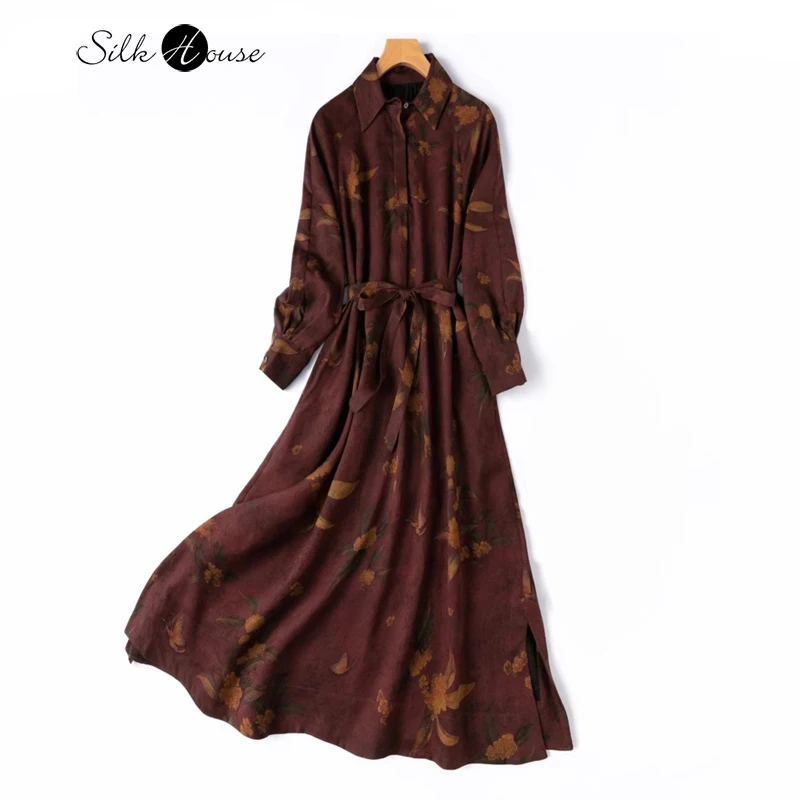 

Luxury 40MM Heavy Weight 100% Natural Mulberry Silk Gambiered Guangdong Gauze Polo Collar Lantern Sleeve Extended Women's Dress