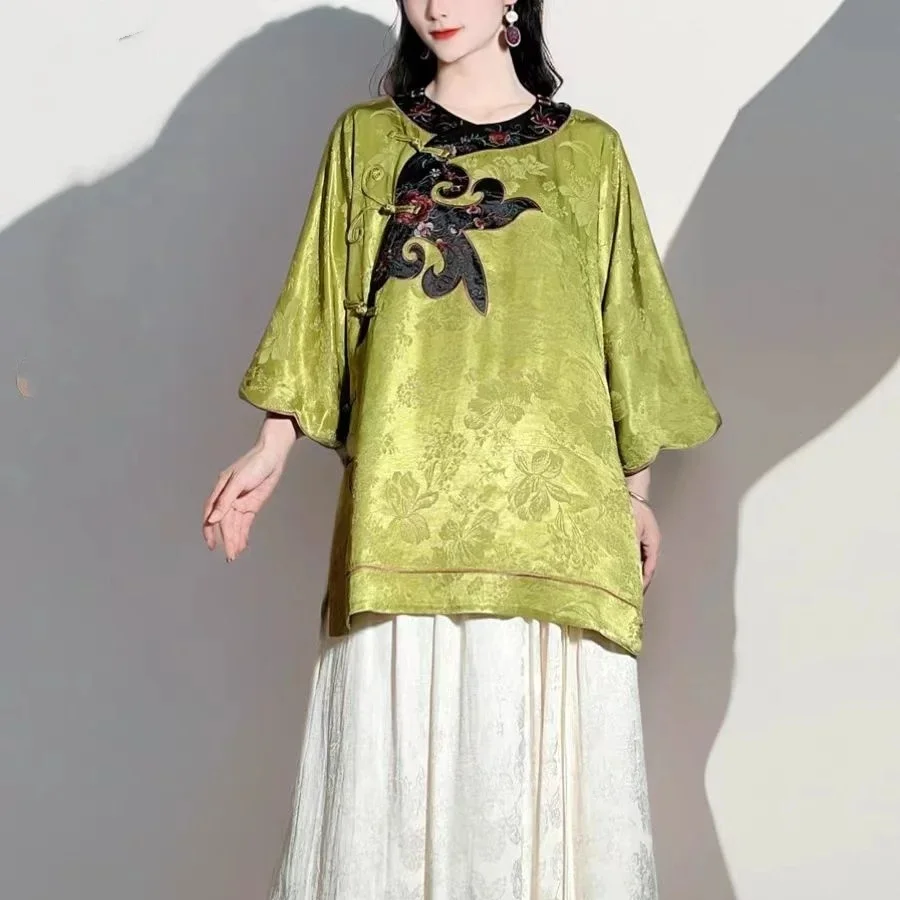 

Новые топы в китайском стиле, зеленые блузки из вискозы в национальном стиле с вышивкой, роскошные жаккардовые свободные винтажные весенние одежды в продаже