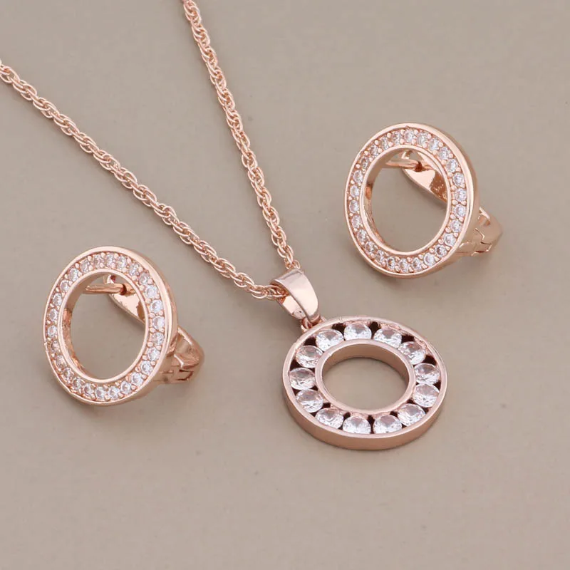 New Trendy Luxury Quality Jewelry Sets 585 Rose Gold Color White Natural Zircon Round Earrings Luxury Elegant Women's Set