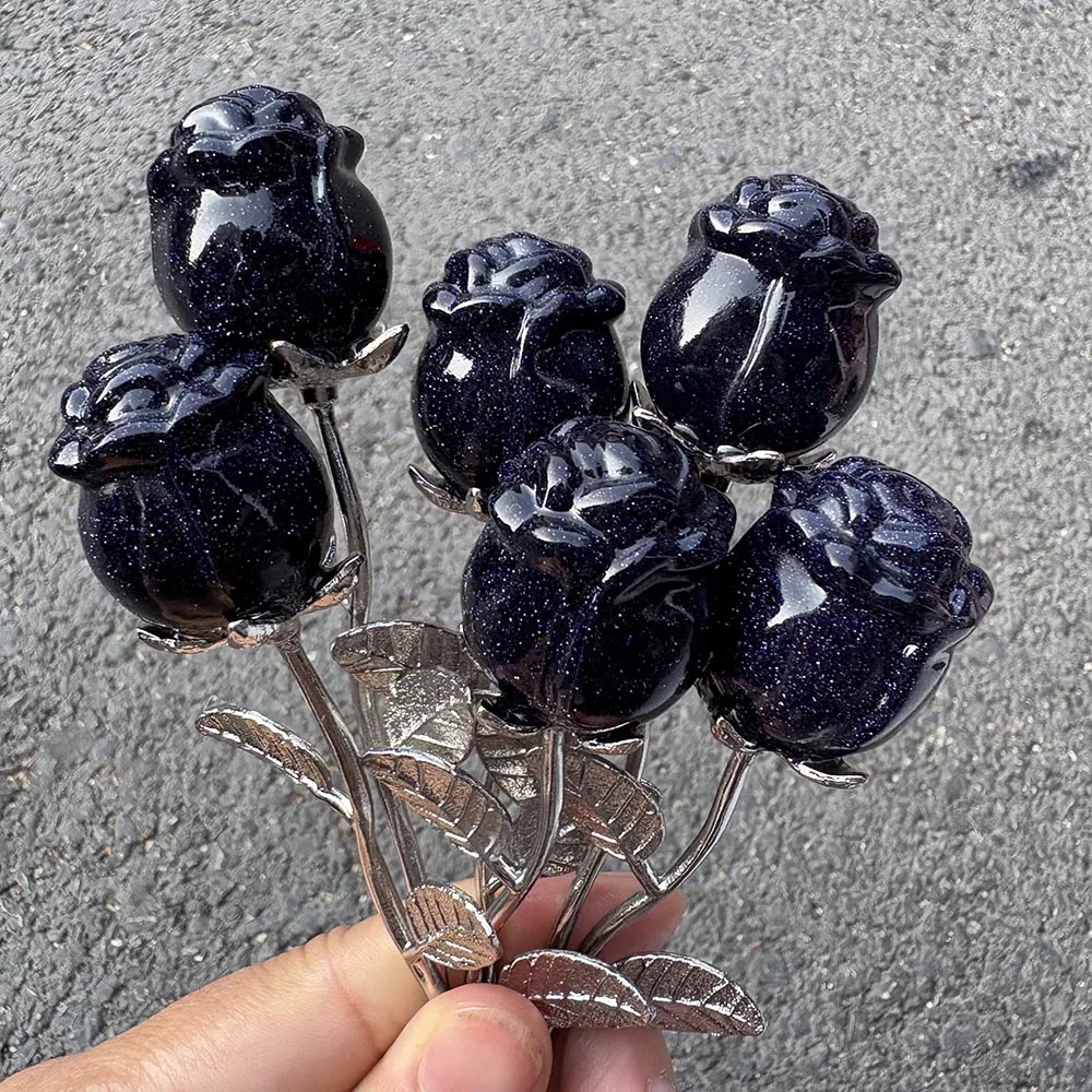 Custom Blue Sandstone Rose Flower Figurine - Gemstone Floral Stem Statue Tabletop Decor for Healing and Romantic Display
