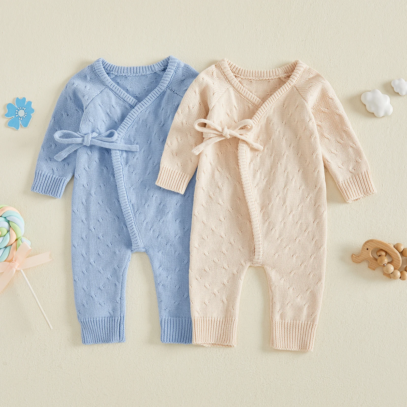 0-6M Baby Sweater Romper Wrap Side-Tie Long Sleeve Knit Bodysuit Fall Winter Clothes Knitwear