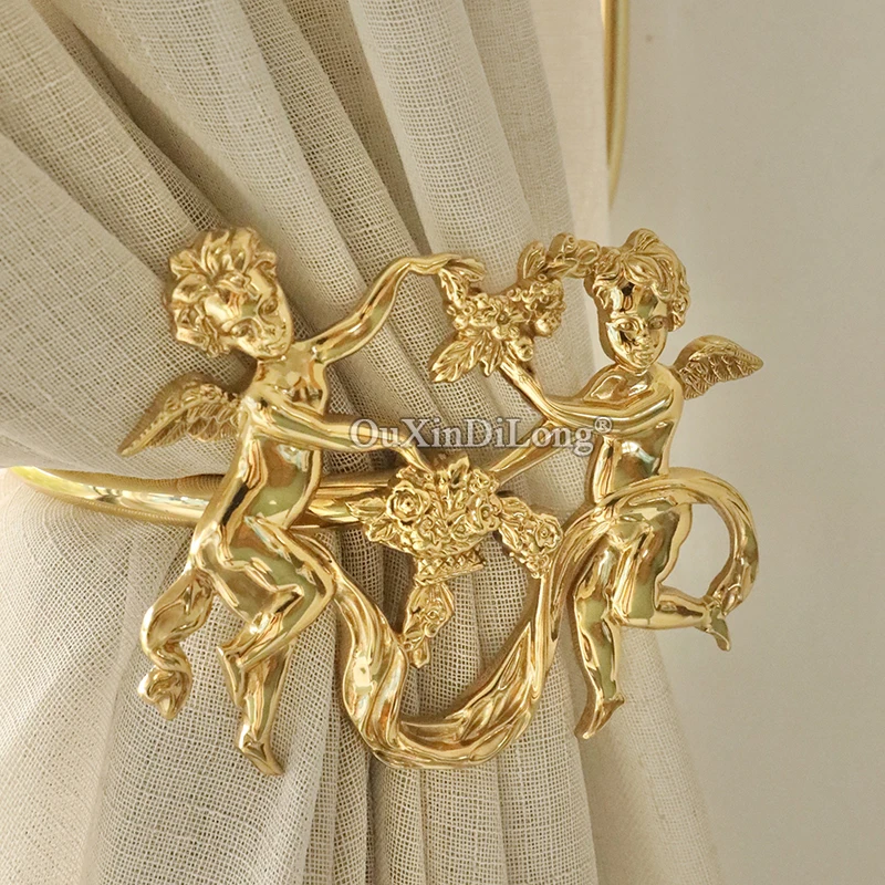 High-end Luxury 1Pair Solid Brass French Angel Basket Curtain Hooks Drapery Holdbacks Curtain Wall Hooks Decorative Hardware