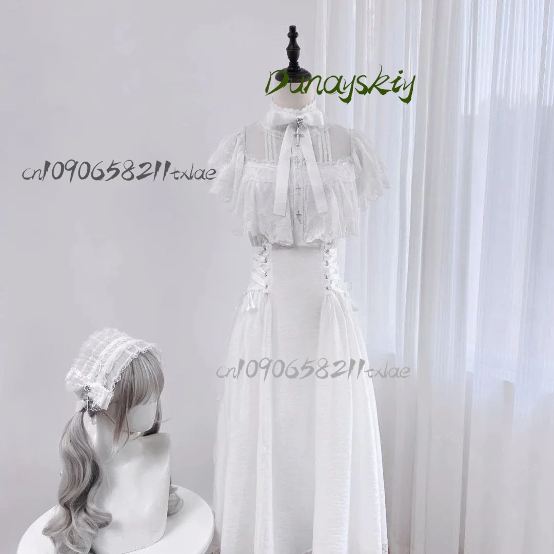 Jirai Kei النمط الياباني لوليتا فستان الدانتيل المرقعة قبالة الكتف تصميم ربطة القوس فيونكة فستان مربوط الخصر تنورة طويلة هالوين تأثيري