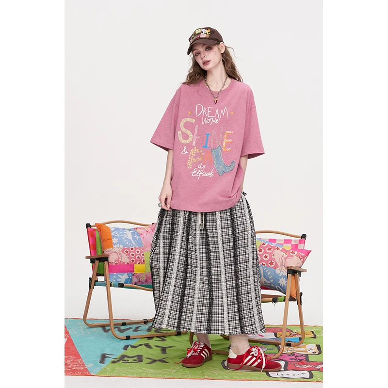 ELFSACK Oversized Crew Neck Colorful Letter Denim Patch Short Sleeve T-Shirt for Women