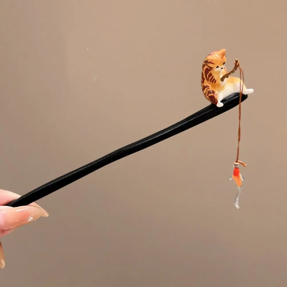 

Retro Cat Fishing Wooden Hair Stick Tassel Black Sandalwood Hanfu Hairpin Hair Sticks for Buns Hanfu Headwear For Girl