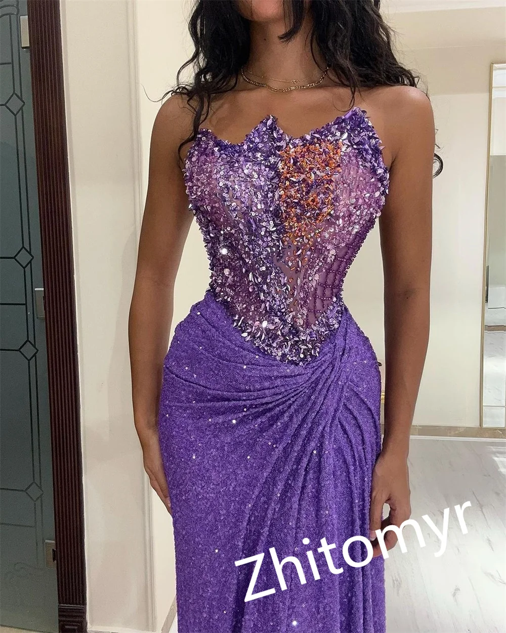 Fashion Customized Strapless A-line Anke length Prom Dresses Beading Sequins Taffeta Evening robe femme soirรฉe