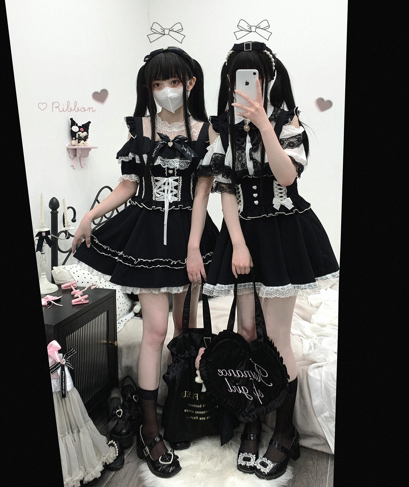 Japanische Mädchenröcke im Mine-Stil, fliegende Ärmel, hohe Taille, Schnürung, schlanke A-Linie, Spitzennähte, süßer Lolita-Hosenträgerrock für Damen