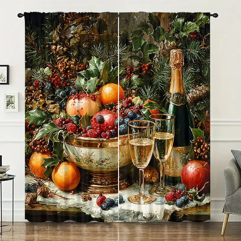 Fruit champagne still life painting curtain, pole-mounted installation. Suitable for living rooms, bedrooms, dining rooms hotels