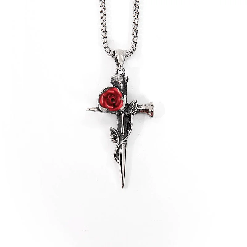 VintageDiablo Cross Thorn Rose Angel Dark Punk Rock Subculture Niche Personality Necklace 27.5