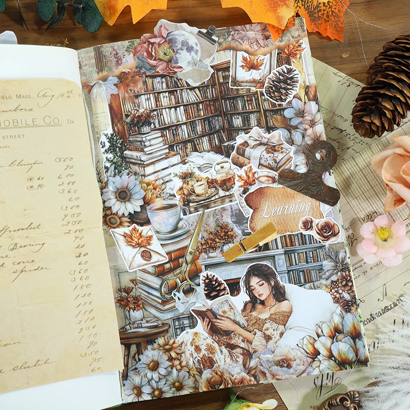 A5 Vintage Afternoon Reading Character Flower Landscape Sticker Book Creative DIY Journal Material Collage Stationery