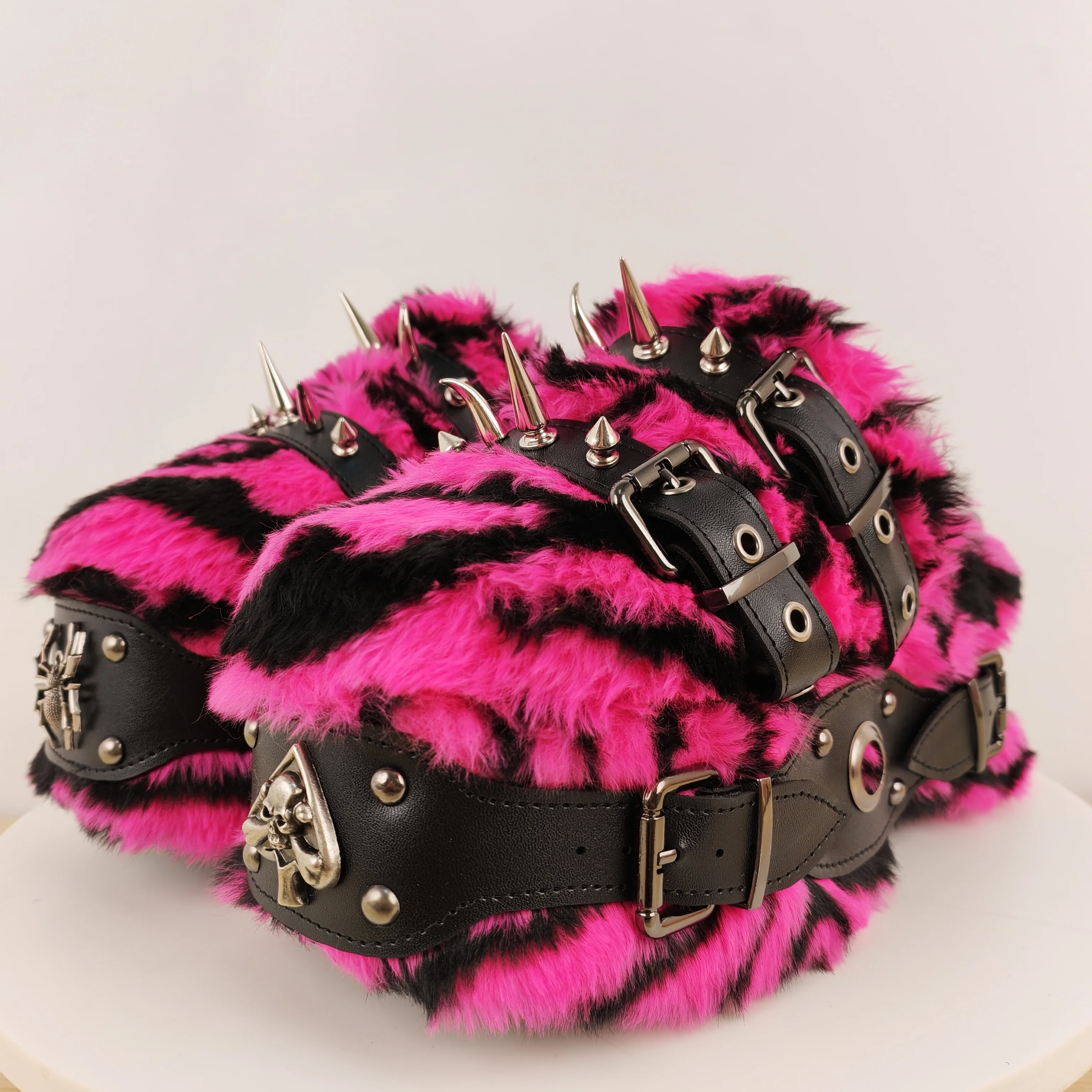 Women's Pink-Black Faux Fur Ankle Boots, Spike & Buckle Accents Edgy Bold Style for Autumn/winter Streetwear Night Out Looks