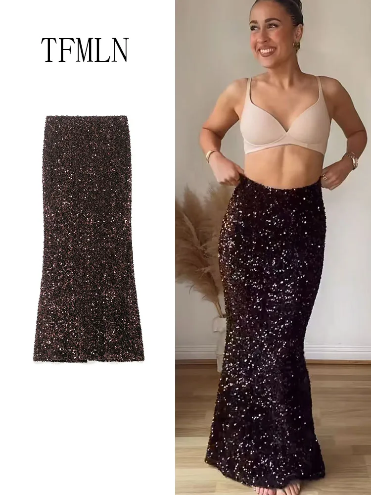 

TFMLN 2026, весенние женские сексуальные длинные юбки с блестками, модные блестящие вечерние тонкие юбки, винтажная рождественская одежда для девочек