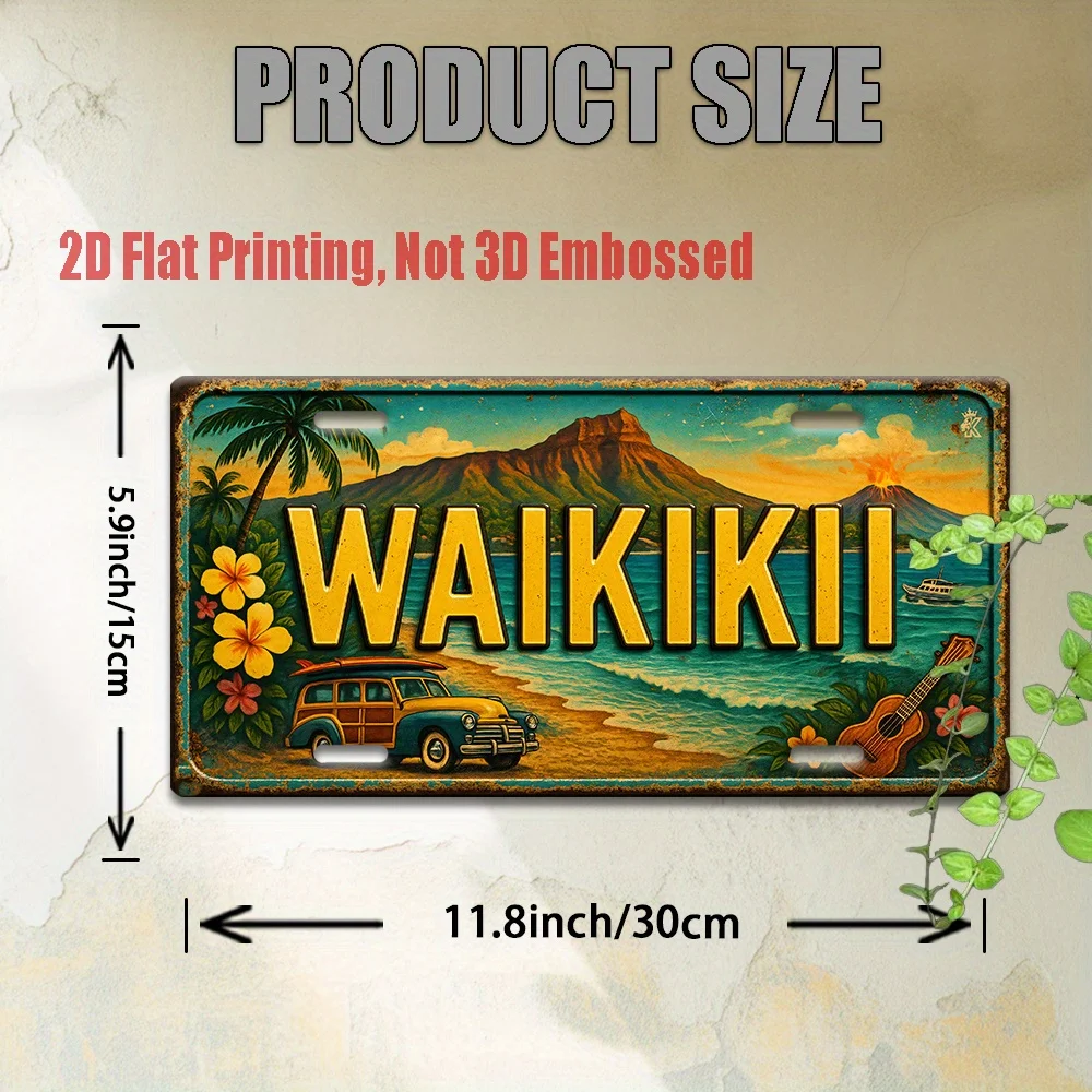 2D Flat 1pc Waikiki Island Atmosphere Sign, Suitable for Aloha Bar Area, Tropical Lounge, Surf Shack Decor, Floral Art Corner