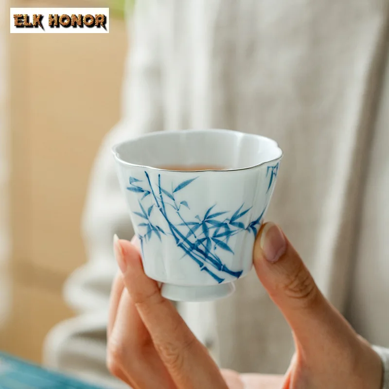 2pc/set High-end Pure Hand-painted Blue Bamboo Tea Cup Tracing Silver Master Cup Single Petal Smelling Mug Kung Fu Tea Set 70ml