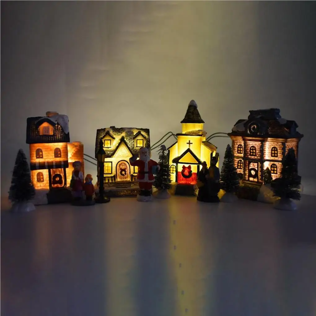 10Pcs Xmas Miniature House Lovely Decorations Resin Statues Anti-deform LED Glowing Snow Houses School New Kids Gift