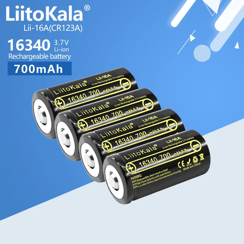 1-100pcs LiitoKala Lii-16A 16340 700mAh 3.7V Li-ion Rechargeable Battery CR123A Battery For LED Flashlight 16350 CR123A Battery