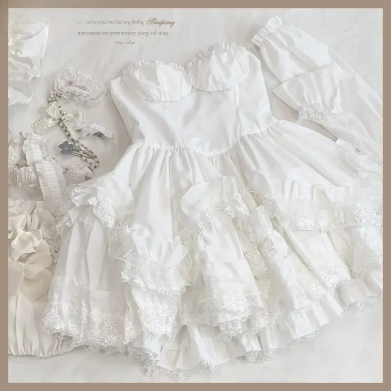 

Summer Sweet Girls High Waist Off-shoulder Short Dresses Pure White French Laminated Cake Lace Slimming Tube Top Dress