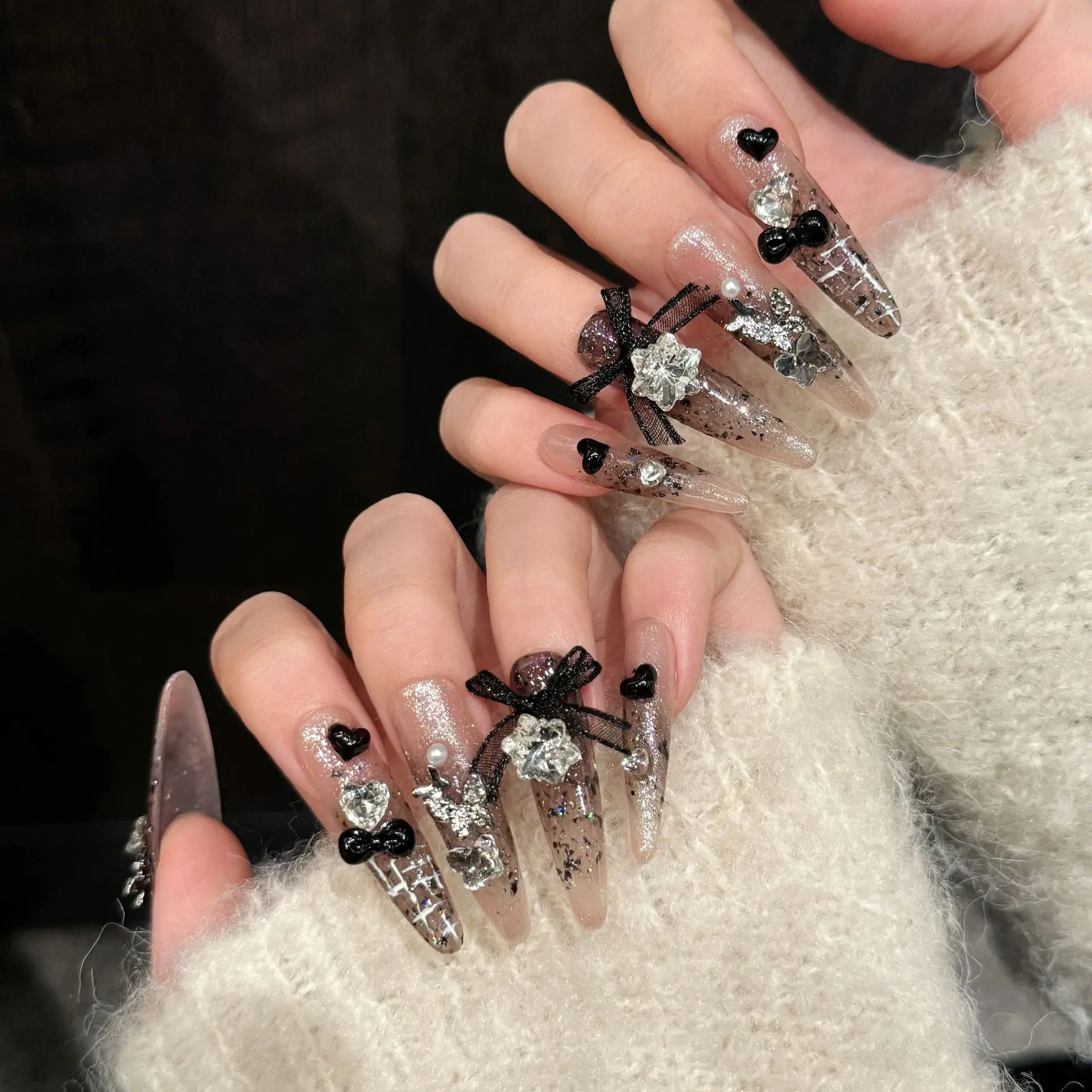 10Pcs Luxury French Long Tip Handmade Press on Nails Gradient Fake Nails with Pearl Rhinestones Bow Design Wearable Nail Art