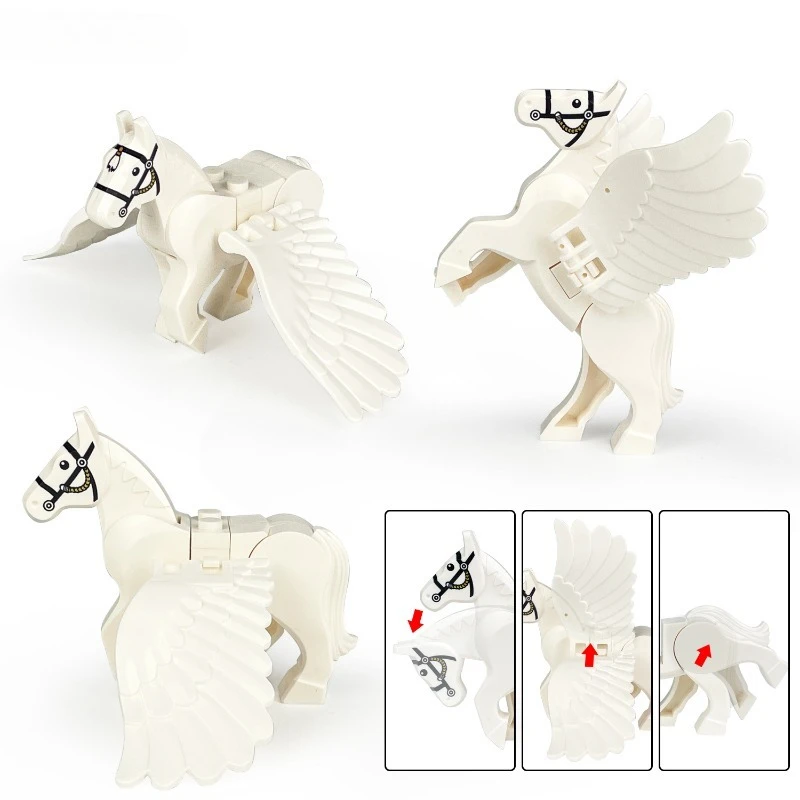 1pc Jouets pour enfants Scène de château Chevalier à cheval sur un cheval de guerre/ Pégase Animal Blocs de construction Jouet Figurine d'action Blocs Cadeau pour garçons