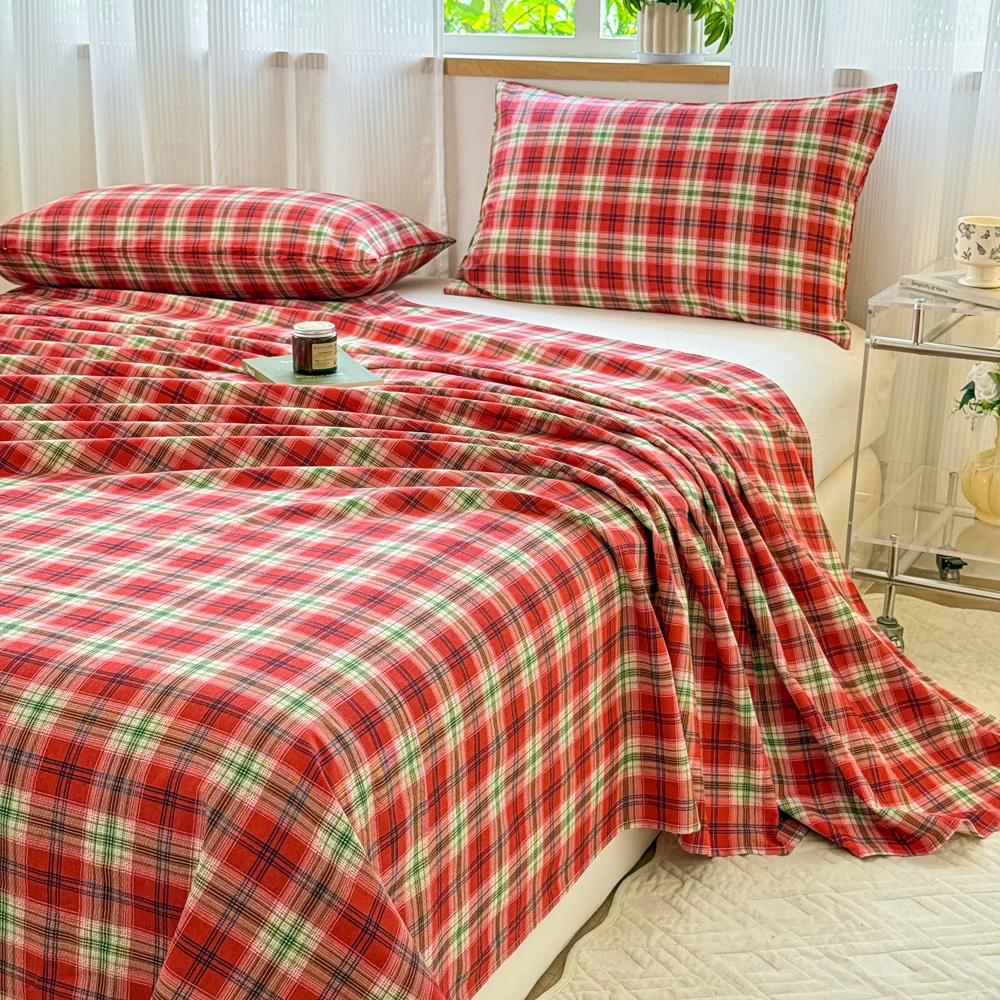 Red‑Green Plaid 100% Cotton Brushed Flat Sheet, Soft Warm Cozy Bed Sheet, Breathable Skin‑Friendly, Wrinkle‑Resistant