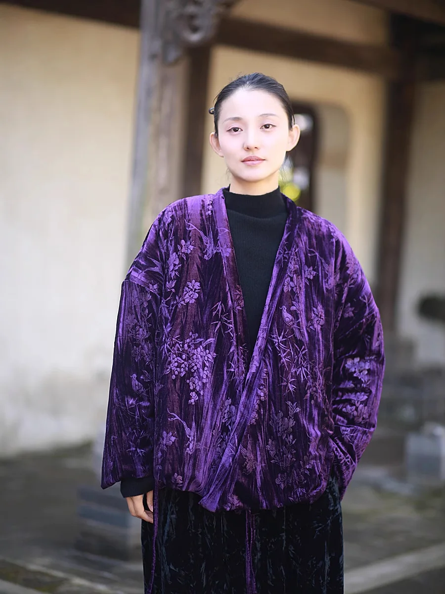

TIYIHAILEY Women Full Sleeve Short Thick Outerwear V-Neck Lace Up Jacket Velvet Purple Warm Coats Chinese Style Printed Ladies
