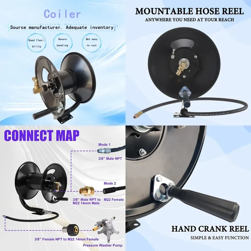 Manual Hand Crank High Pressure Hose Reel 100FT 150FT Portable Drain Cleaner Pipe Storage Winder