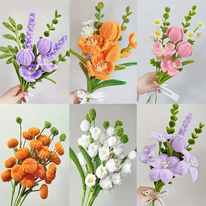 Tulipán, ramo de margaritas Paquete de material de bricolaje hecho a mano, suministros para manualidades DIY tallo de chenilla Día de Acción de Gracias detalles de material de flores DIY