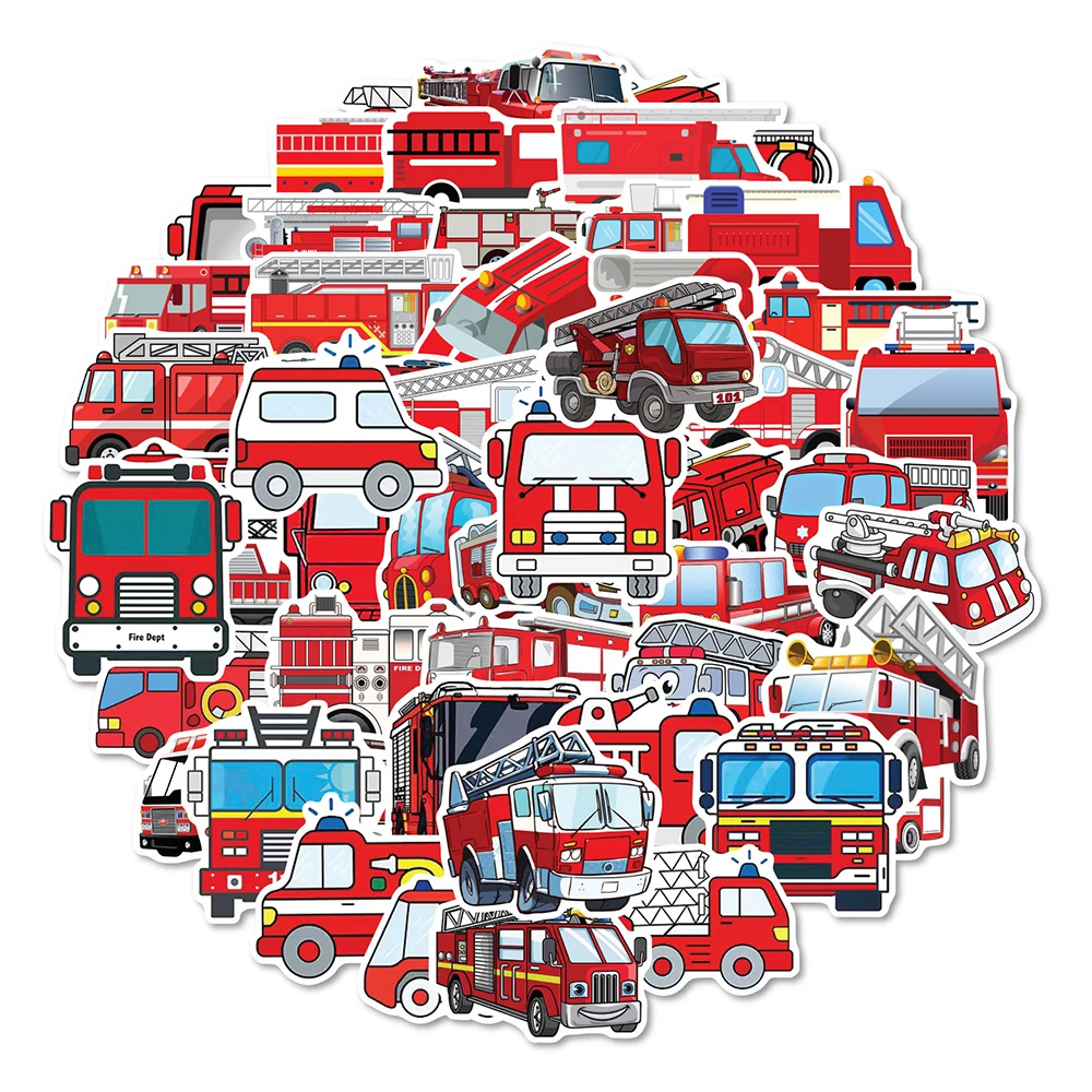 10/30/50/100PCS Children Fire Engine Stickers Caroon Decals Kids Toy Laptop Notebook Fridge Suitcase Waterproof Graffiti Sticker