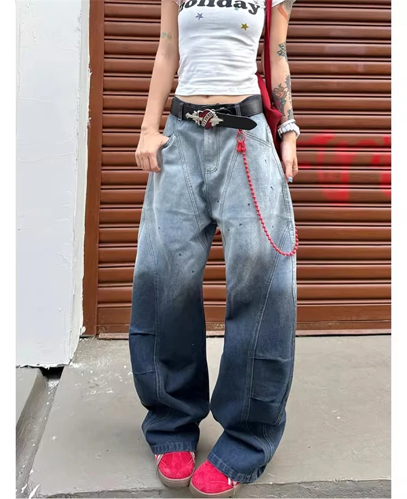 

Women's Blue Gradient Jeans Cargo Baggy Y2K Japanese Harajuku Streetwear Oversize Aesthetic Vintage Jeans Pants Clothing New
