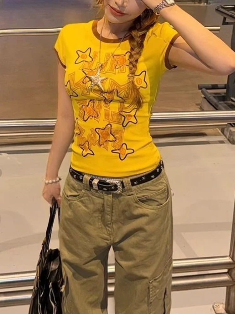 HOUZHOU Y2k Vintage T-shirt Women Harajuku Star Print Yellow Short Sleeve Tees American Retro Spicy Girl Slim Up Graphic T-shirt