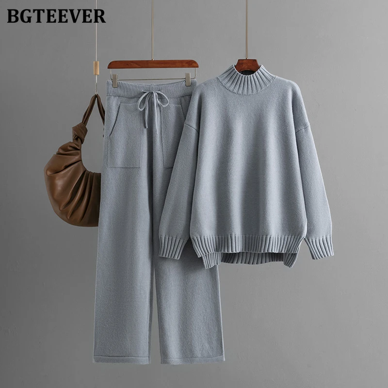 BGTEEVER Stylish Thicken Warm Loose Female Knitted Outfits Long Sleeve Half High Collar Sweaters Women Drawstring Trousers Suits