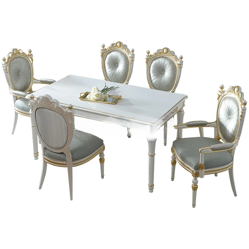 

Solid wood dining table, French retro dining table and chair combination, oak wood 1.8M simple gold paint