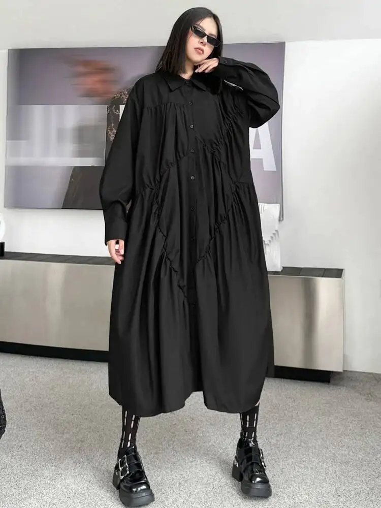 女性用黒プリーツイレギュラービッグサイズミディシャツワンピース新作ラペル長袖ファッション潮春秋