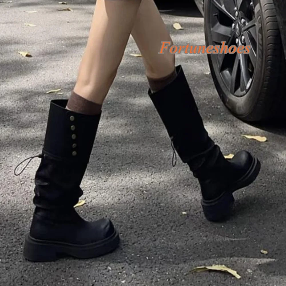 

Solid Round Toe Women Pleated Boots Chunky Heel Knee High Height Increasing Boots Spring/autumn Fashion Casual 2024 Newest Boots