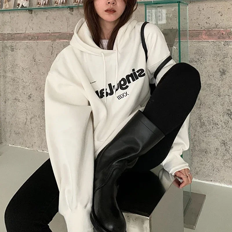 

2024 Letter Print Hoodies Women Vintage Winter Fleece Lined Loose Hooded Shirt Grunge Sweatshirt Y2k Clothes Oversized Pullovers