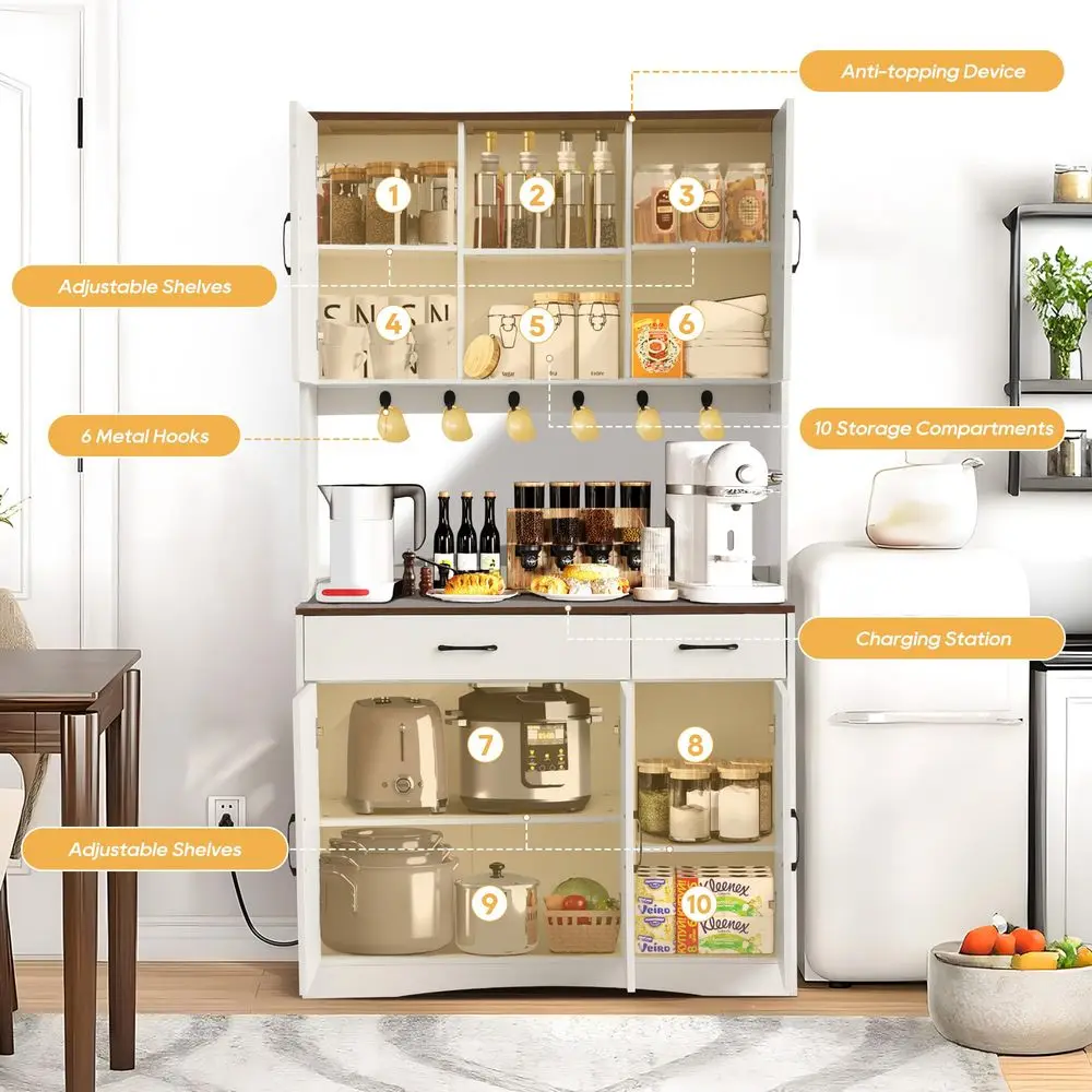 

Кухонный шкаф-кладовка 71, шкаф-кладовка с зарядной станцией, шкафы для хранения с дверцами, регулируемыми полками и крючками, в стиле фермерского дома