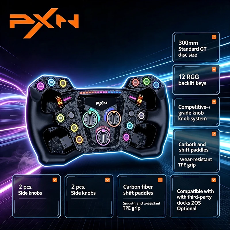 PXN GT ONE Gaming Steering Wheel, Magnetic Shift Paddles, Adjustable Trigger Buttons & Anti-Slip Support