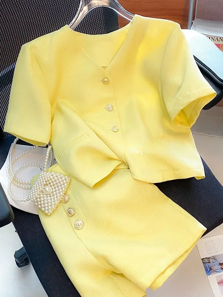 

V Neck Short Sleeved Tweed Jacket 2 Piece Sets Womens Outfits Wide Leg Yellow Shorts Femme Casual Crop Coat Preppy Shirts